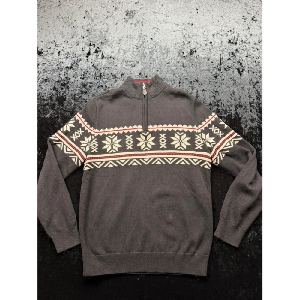 Chaps Mens M Black Fair Isle Snowflake Quarter Zip Cotton Sweater Nordic